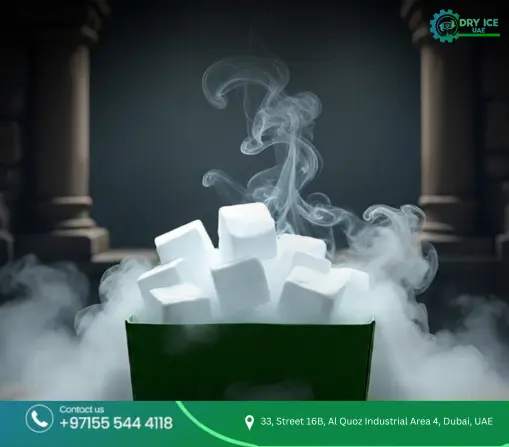 Dry ice blocks producing fog inside an insulated container in UAE