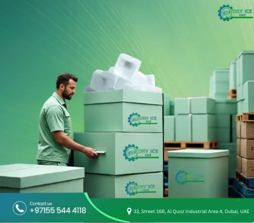 Dry Ice UAE worker handling dry ice blocks in a warehouse with branded packaging and delivery information displayed.