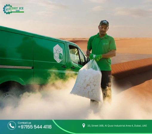 Dry ice delivery in Dubai by professional supplier with cooling van in desert background
