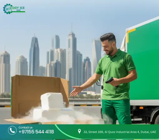 Logistics worker in Dubai inspecting a large shipment of dry ice blocks for medical transport, highlighting safe cold chain practices.