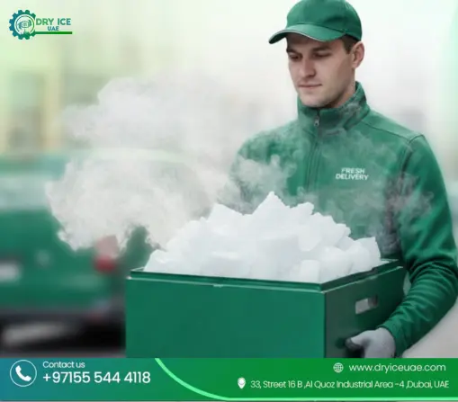 Professional delivery person handling a bulk container of high-purity dry ice blocks in the UAE.