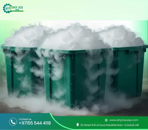 Industrial dry ice storage bins releasing cold vapor in Dubai warehouse for food, pharma, and logistics applications